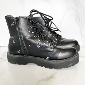 Zara black with flower print ankle platform combat boots